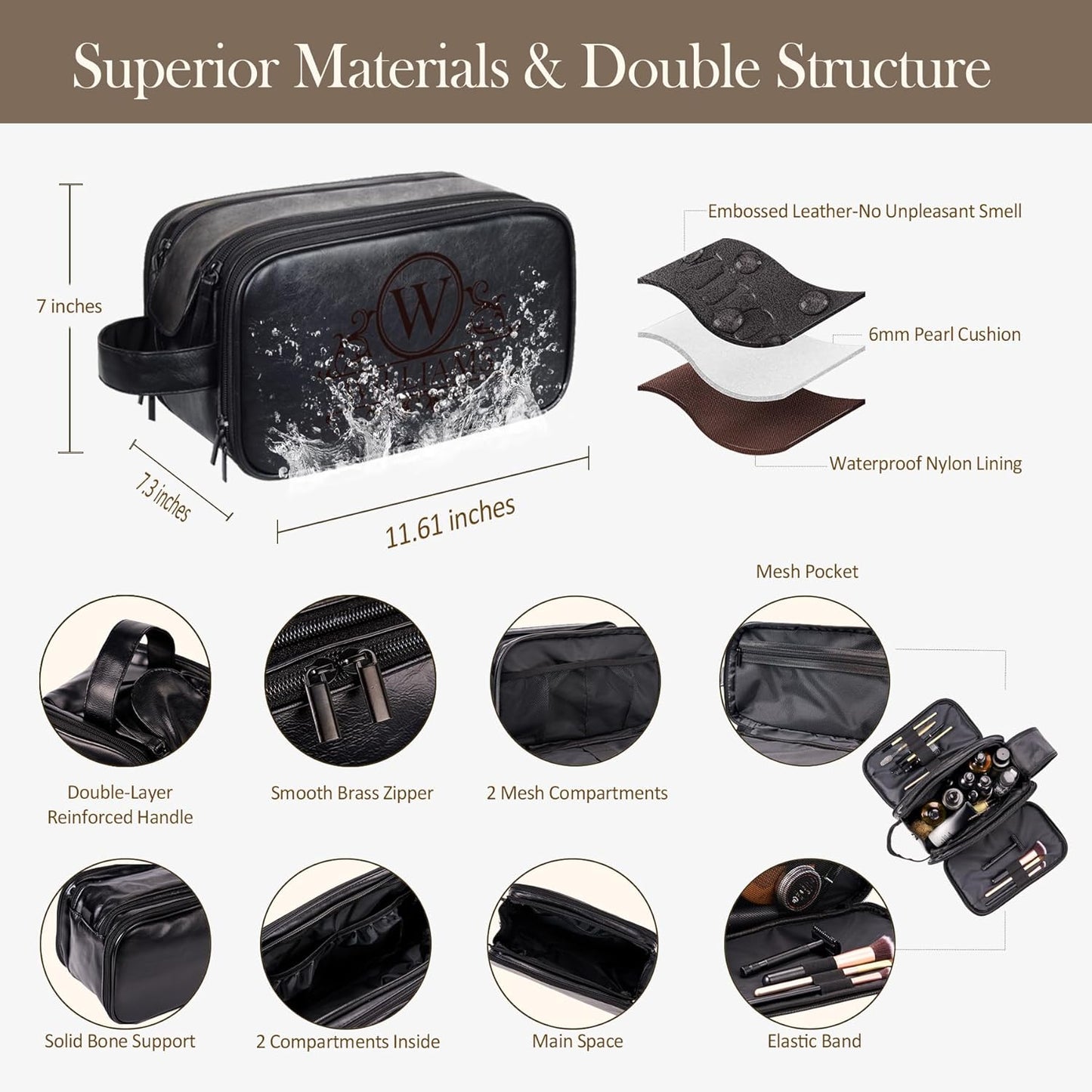 Personalized Leather Toiletry Bag for Men - Double Layer Reinforced Handle,Large Water Resistant Shaving Dopp Kit,Travel Essential,Wedding Groomsmen Gift