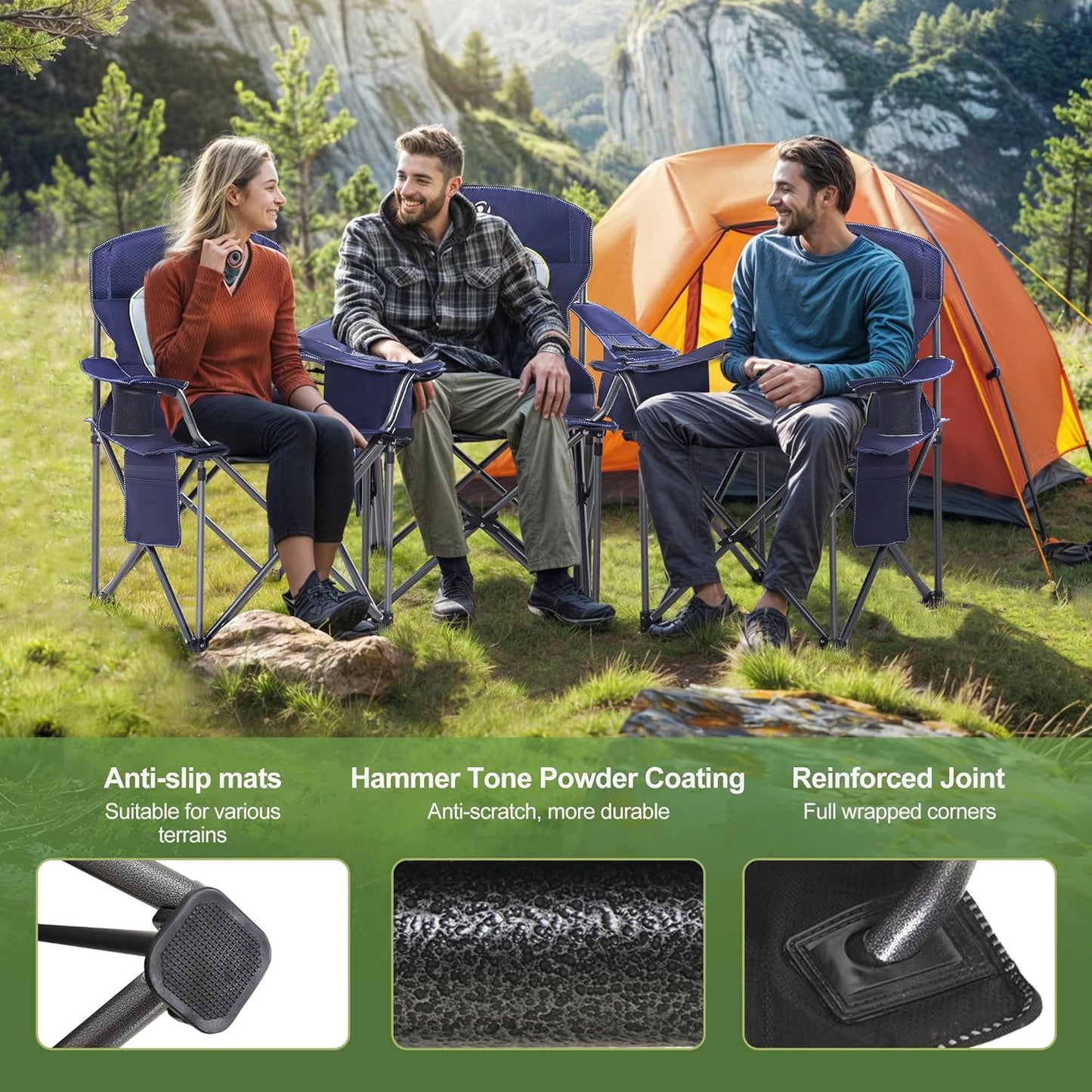 LET'S CAMP Oversized Folding Camping Chair Portable Outdoor Heavy Duty Padded Chairs Lawn Chair with Cup Holder, Storage Pocket and Cooler Bag, Supports 450LBS, for Camp, Travel, Picnic (Blue)