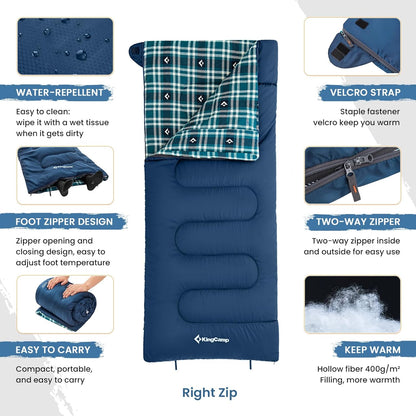 KingCamp Sleeping Bag for Adults, Cold Weather & Warm XL Big and Tall Flannel Sleeping Bags with Compression Sack Portable Waterproof Essentials Gear Accessories for Outdoor Camping