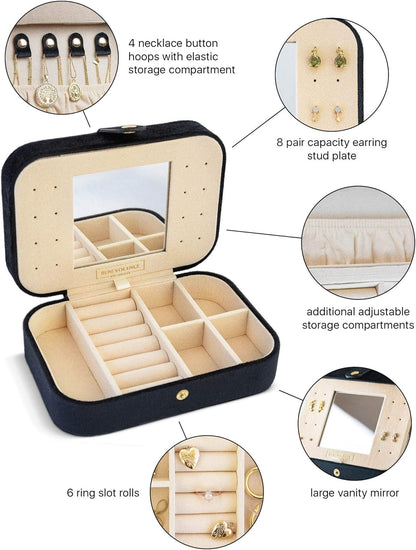 Benevolence LA Plush Velvet Travel Jewelry Storage Box | Earring Organizer with Mirror | Small Case for Women's Accessories | Gift for Mom, Sister, Girlfriend - Ebony
