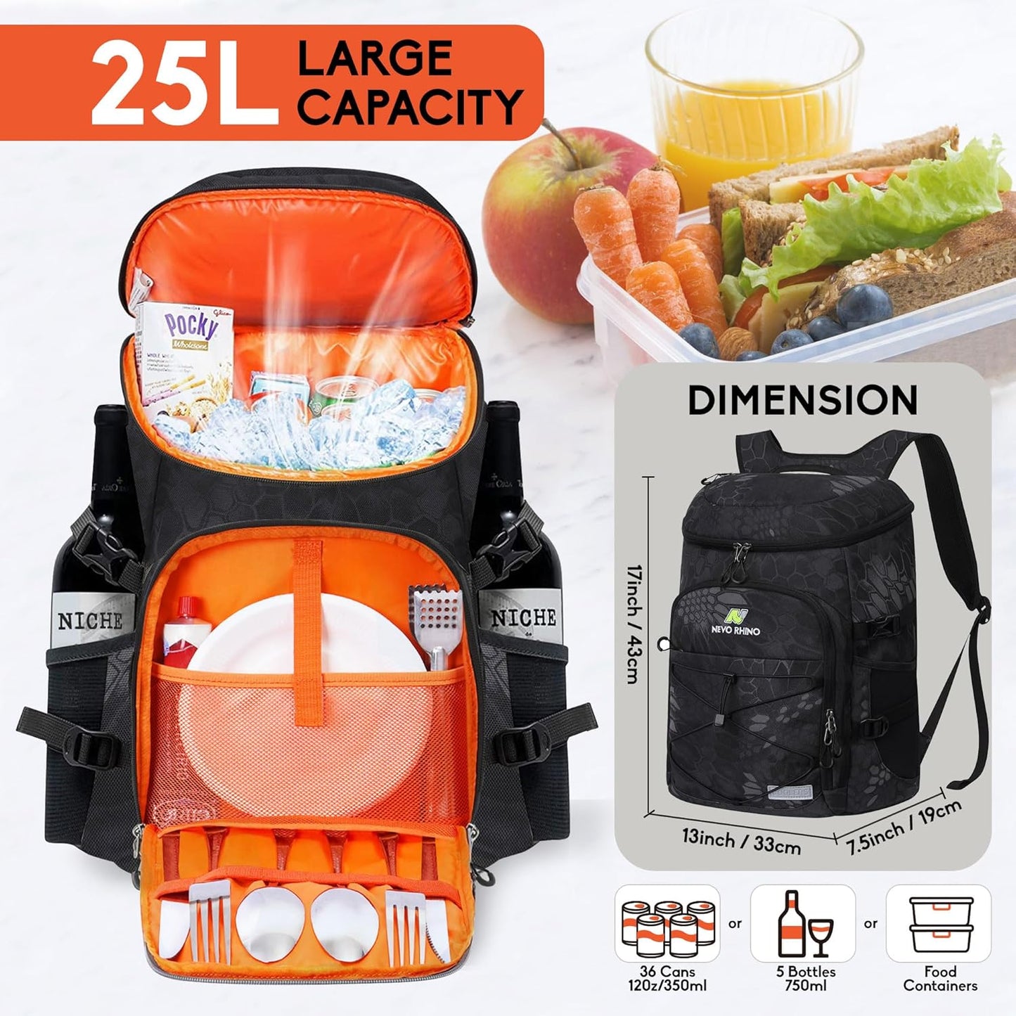 N NEVO RHINO Backpack Coolers Insulated Leak Proof 36/54 Cans,Portable Lightweight Waterproof Insulated Cooler Backpack for Men & Women Ideal for Camping,Travel,Beach,Picnics,Lunch & Day Trips