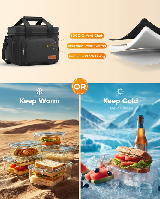 HOTOR Lunch Box for Men and Women - Leak-Proof Insulated Lunch Cooler Bag with Adjustable Strap, Multiple Pockets for Office, Picnic, Hiking, Beach, 1 Layer, 8L, Black, 9.8" x 8.7" x 5.9"