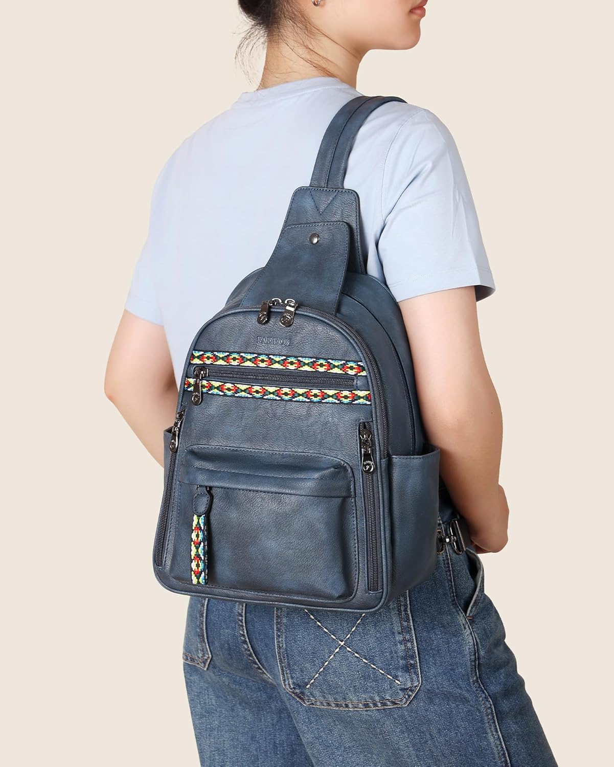 FADEON Large Sling Bag for Women, Leather Crossbody Purse Designer Anti Theft Sling Backpack, RFID Fanny Packs for Travel