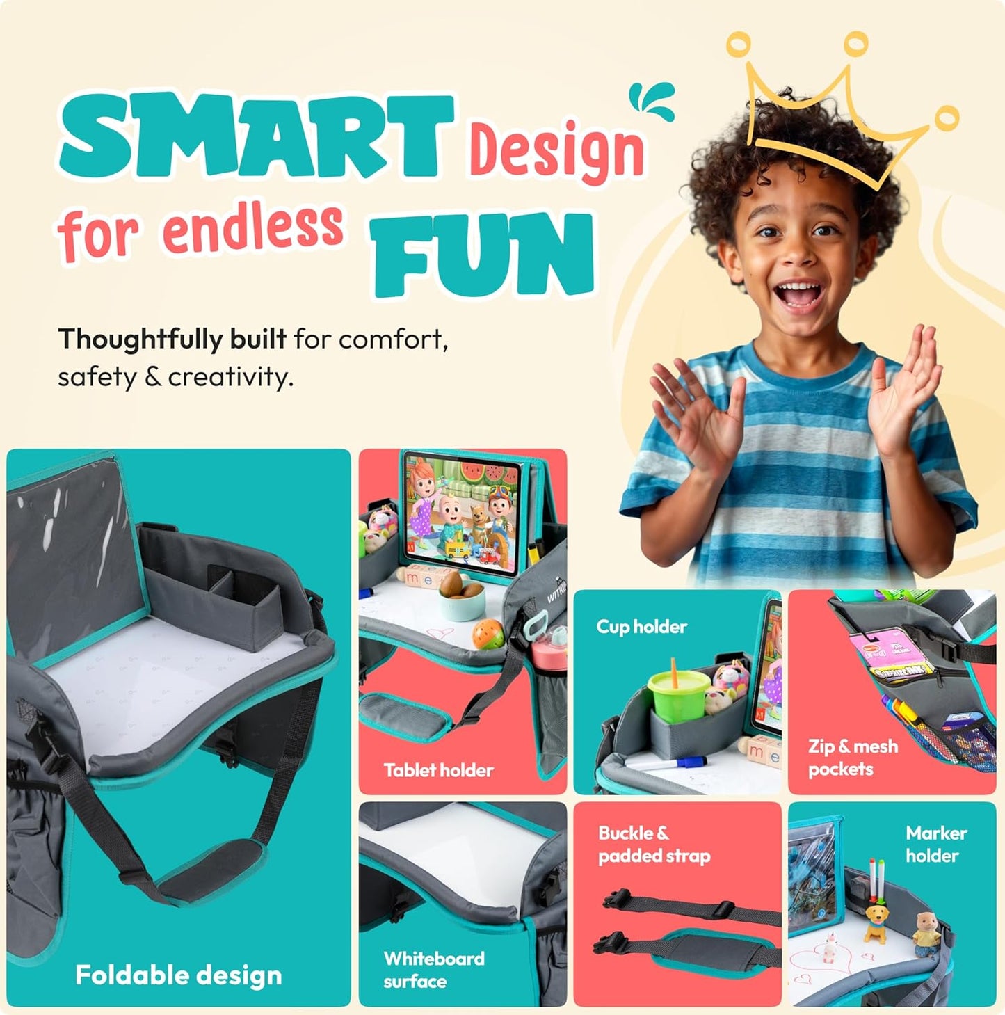 Kids Travel Tray with Dry Erase Board - Car Seat Tray for Kids Travel, Carseat Table Top for Toddler, Lap Desk for Car Seat, Activity Organizer & Snack Holder, Road Trip Essentials for Kid (Aqua)
