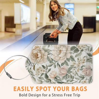 Vintage Peony Floral PU Leather Luggage Tags for Suitcase, Travel Cruise 3 Pack with Privacy Flap, Name ID Label and Metal Loop for Women Men Girls Baggage Bag Backpack