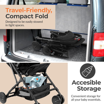 Jovial Lightweight Baby Stroller, Folding Travel Stroller with Reclining Seat, Canopy, 5-Point Safety Harness, Storage Basket, Smooth Wheels, Compact Portable Design (39.8" x 18.7" x 32.3")