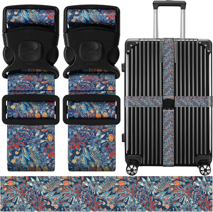 Luggage Straps for Suitcases, Travel Adjustable Belt with Quick Release Buckle, Heavy Duty Nylon Bag Packing Strap, Unique Bright Identifiers Business Travel Accessories (2 Pack) - Blue Flowers