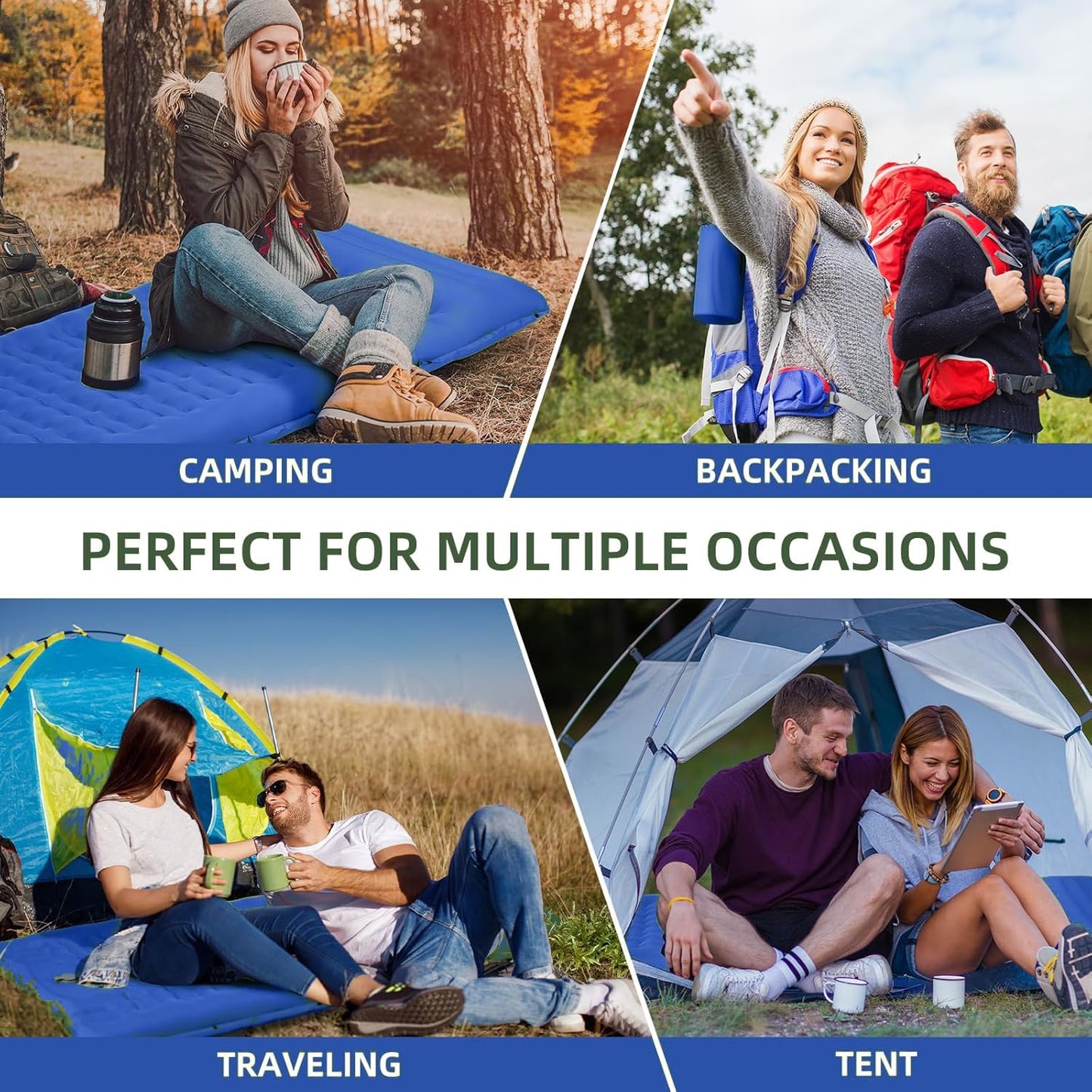 Camping Sleeping Pad 5 Inch, Inflatable Sleeping Pad with Pillow & Built-in Foot Pump - Extra Thick Air Mattress for Camping, Backpacking, Tent - Lightweight Compact Floor Bed (Blue Grey)