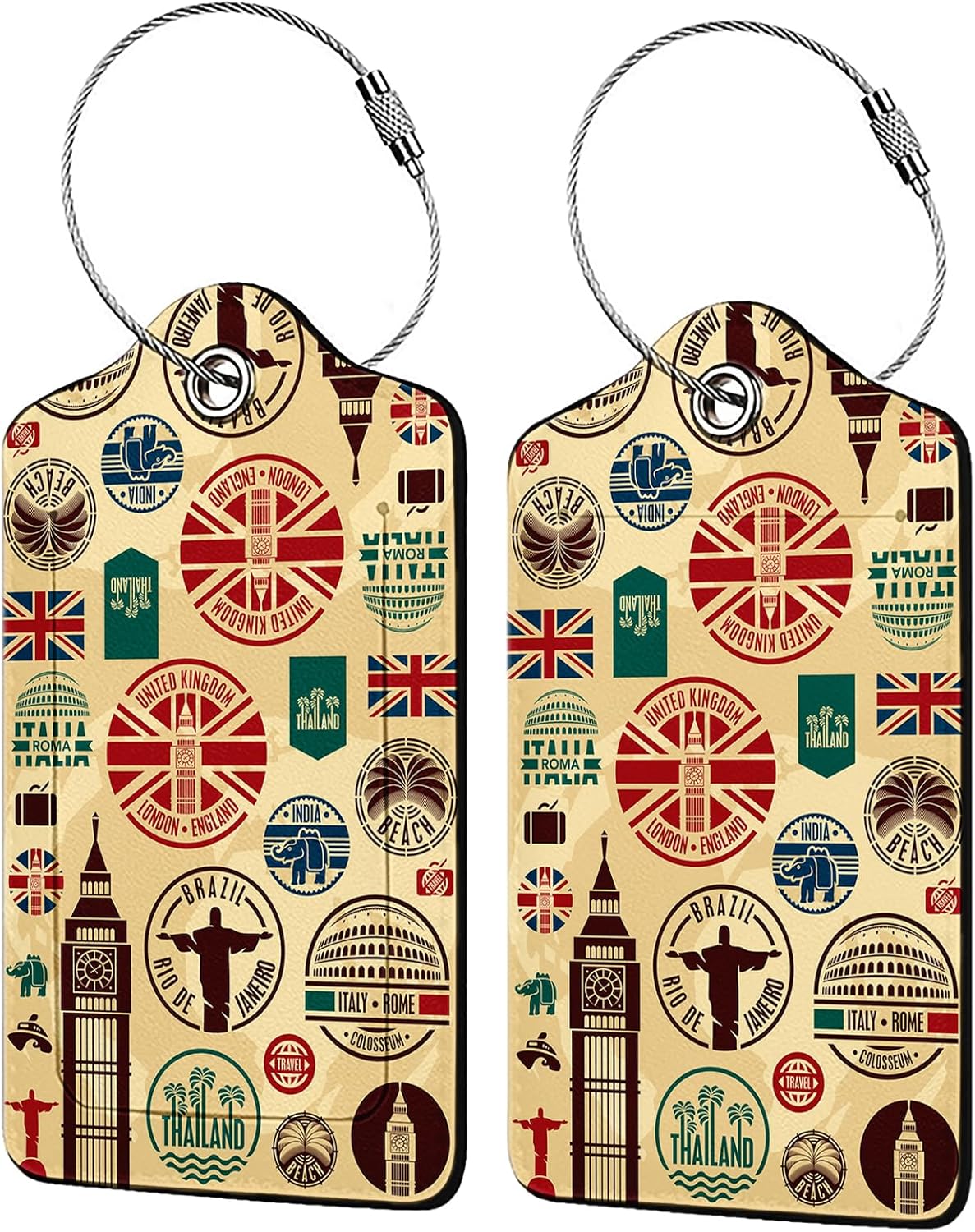 Travel Icons 2 Pack Luggage Tag for Suitcase, Cute Unique Leather Bag Tags Identifiers Privacy Cover ID Label with Steel Loop for Women Men Kids Girls Travel