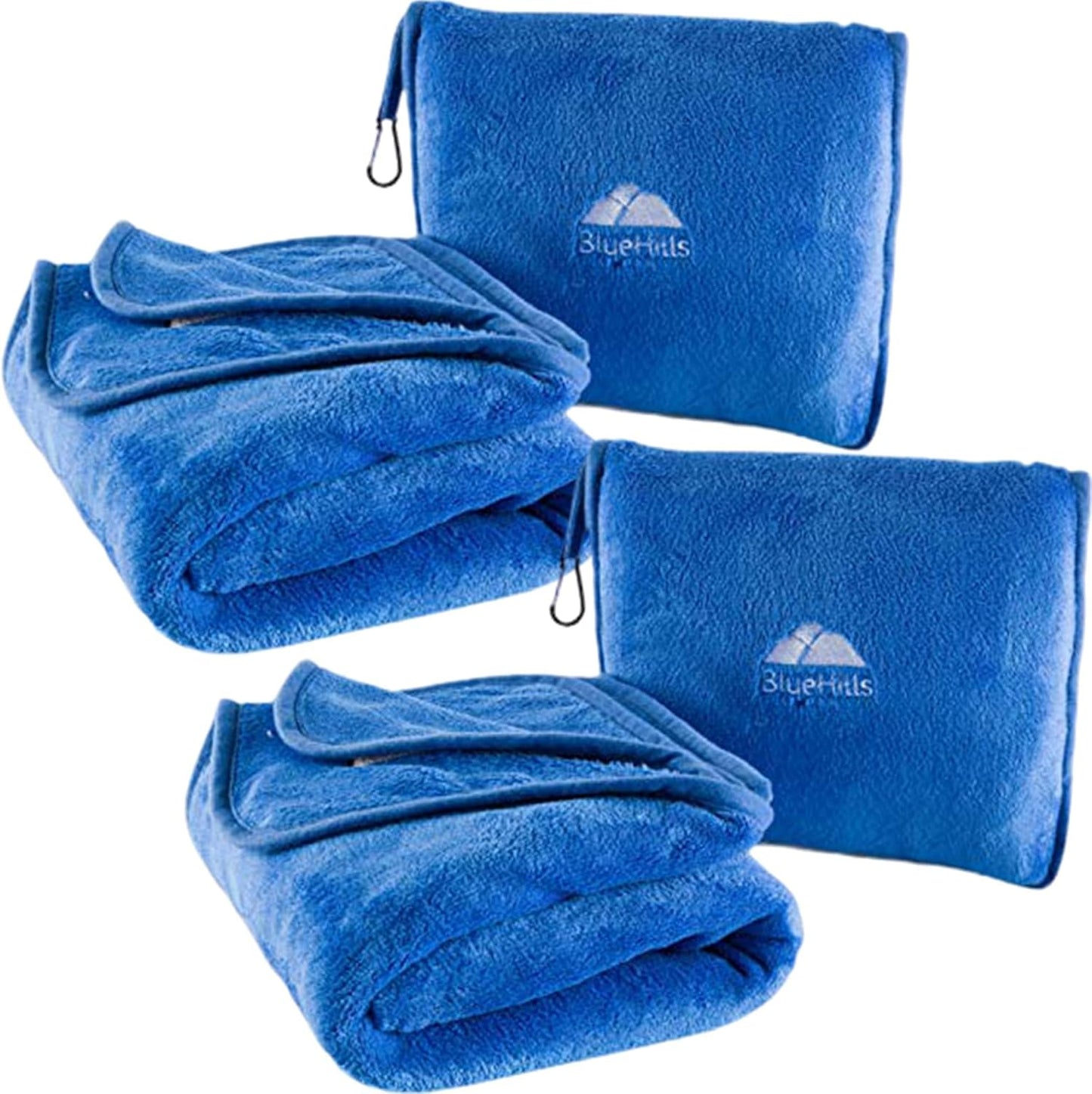 BlueHills 2-Pack Premium Soft Travel Blanket Pillow Airplane Blanket in Soft Bag Pillowcase with Hand Luggage Belt and Backpack Clip, Compact Pack Large Blankets for Any Travel Royal Blue T015