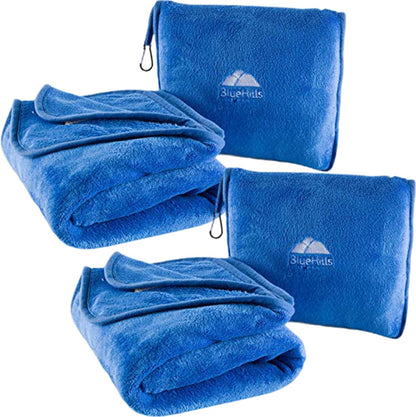 BlueHills 2-Pack Premium Soft Travel Blanket Pillow Airplane Blanket in Soft Bag Pillowcase with Hand Luggage Belt and Backpack Clip, Compact Pack Large Blankets for Any Travel Royal Blue T015