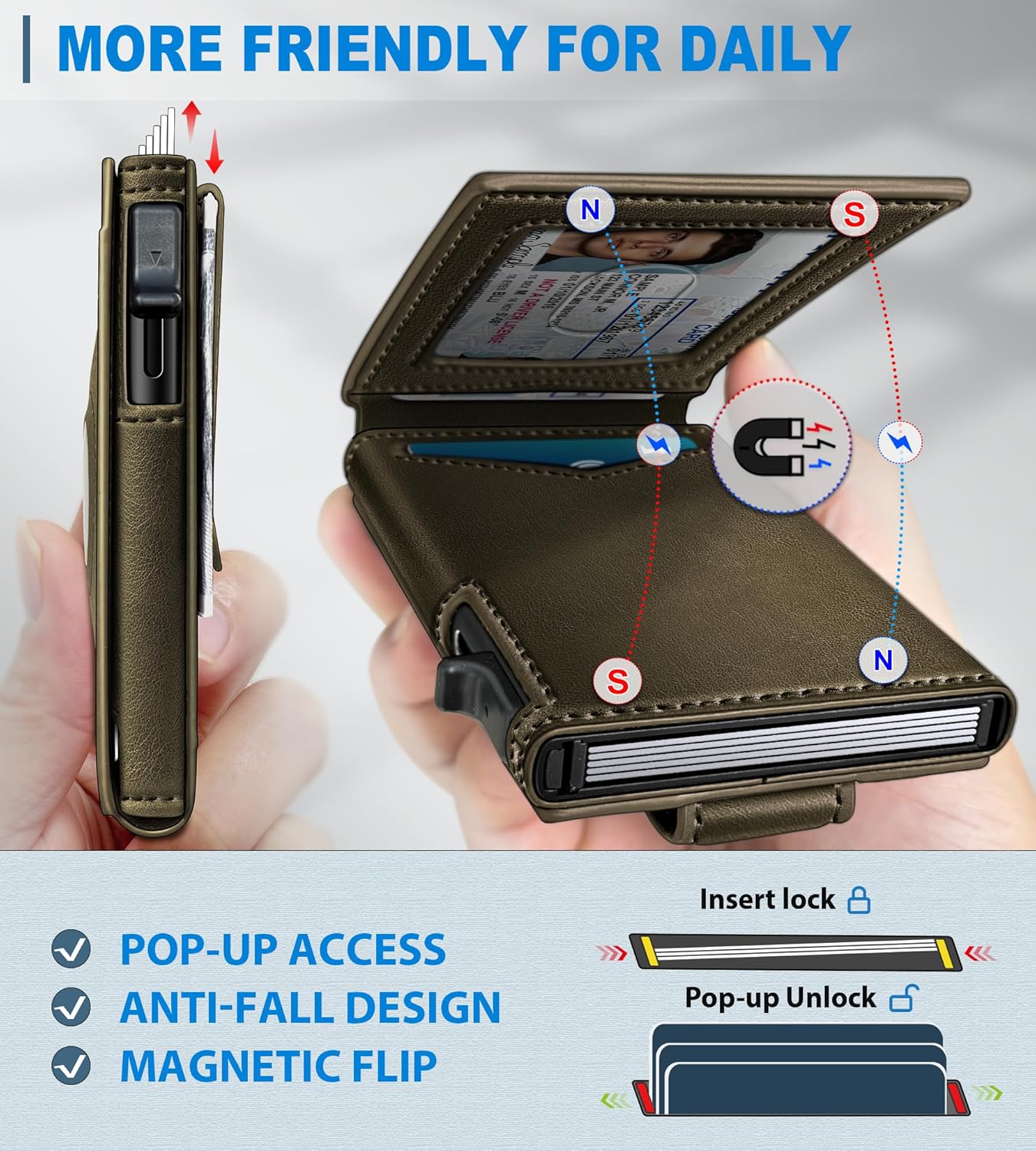 Airtag Wallet for Men,with Money Clip Gift Boxed,Slim Front Pocket Wallet RFID Blocking Metal Case Smart Pop-up Credit Card Holder in Magnetic Leather Flip