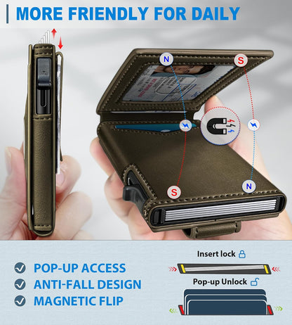 Airtag Wallet for Men,with Money Clip Gift Boxed,Slim Front Pocket Wallet RFID Blocking Metal Case Smart Pop-up Credit Card Holder in Magnetic Leather Flip
