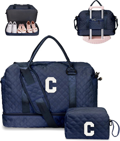Birthday Gifts-for Women-Initial Duffle Bag with Shoe Compartment, Personalized Weekender Bag, Monogram Overnight Bag, Letter Travel Bag with Makeup Bag，Friend Wife Birthday Gift (Letter C)
