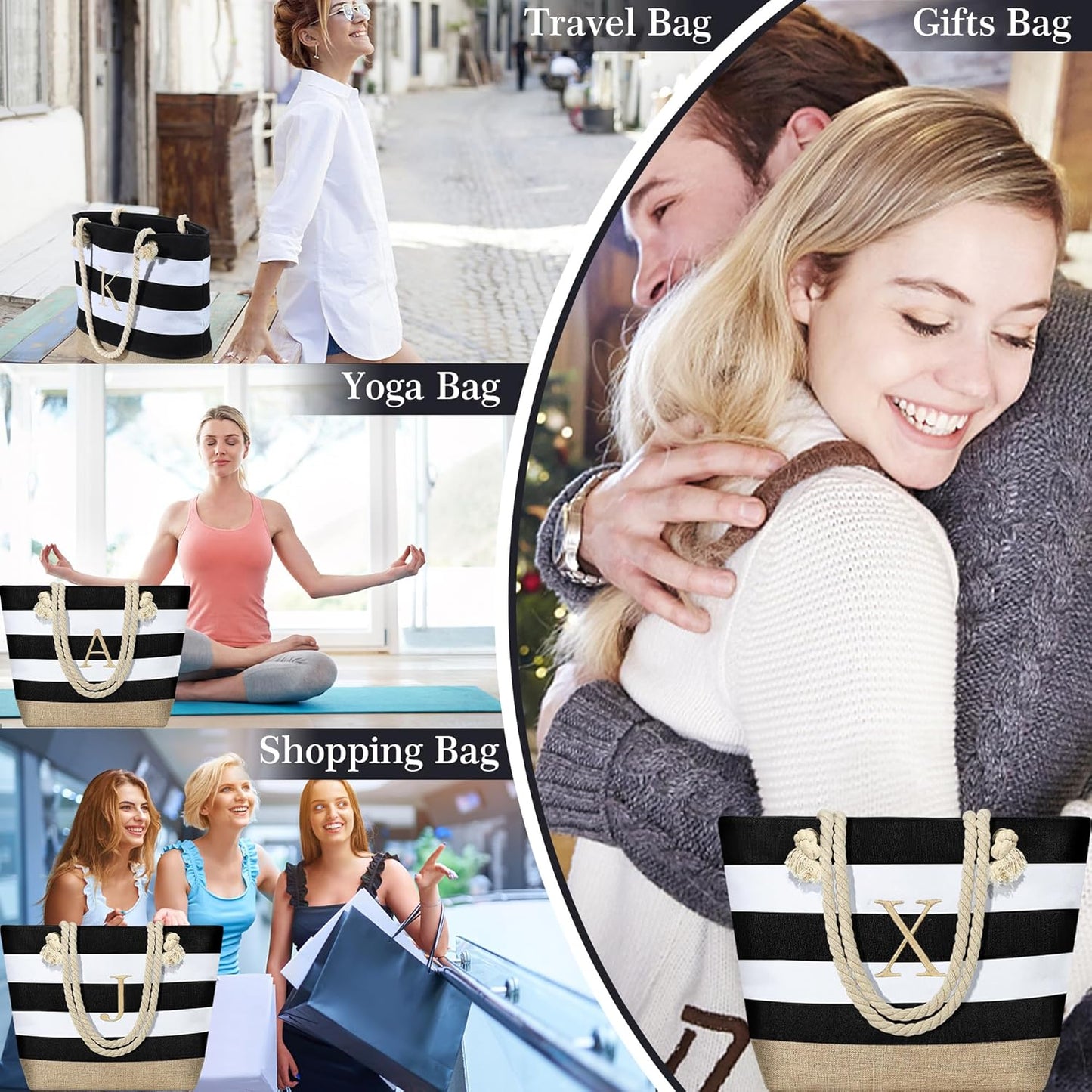 YOOLIFE Initial Canvas Waterproof Beach Tote Bag Zipper Personalized Gifts for Women Her Birthday Travel Beach Essential