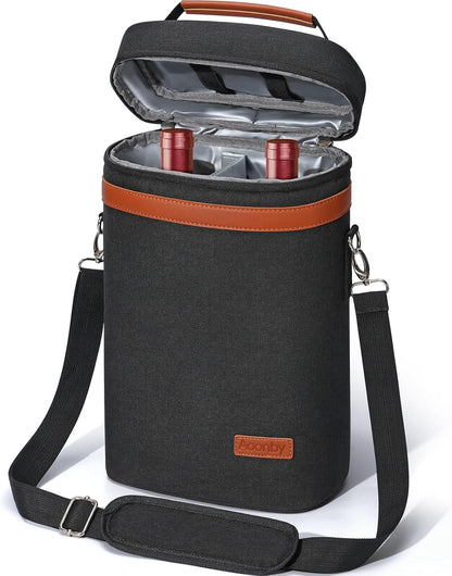 2 Bottle Wine Bag Wine Cooler Carrier Wine Gift Tote Bag, Leakproof & Insulated Bottle Bags for Travel, BYOB, Beach, Dinner, Party, Christmas Gifts for Wines Lovers Women Men - Black