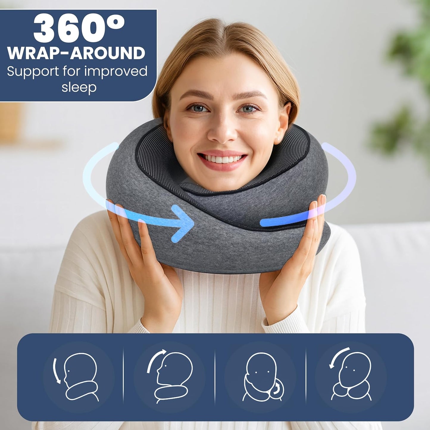 Upgraded Memory Foam Travel Neck Pillow for Airplane – New Ergonomic Wrap-Around Design with Adjustable Strap, Washable Cover, Carry Bag & Sleep Mask – Premium Travel Essentials for Men & Women