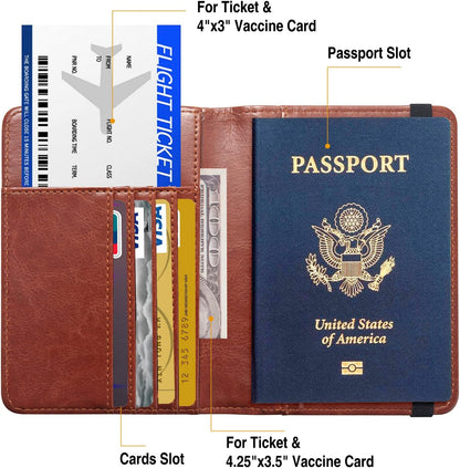 Passport Holder for Travel Passport Cover for Men Passport Wallet Case With 3D Metal Badge Protector Leather Card Case RFID Blocking Women Travel Accessories Document Organizer (Brown)