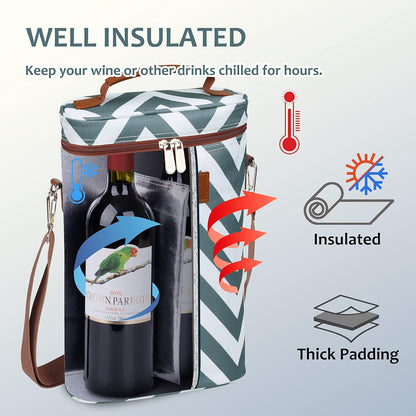 Tirrinia 2 Bottle Wine Gift Tote Carrier - Leakproof & Insulated Padded Versatile Wine Cooler Bag for Travel, BYOB Restaurant, Wine Tasting, Party, Dinner,Gift for Wine Lovers, Grey Wave