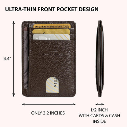 KARAKORAM Vertical Handcrafted Premium Leather Front Pocket Credit Card Holder with RIFD Protection | Artisan Made Slim Leather Wallet | Finger Glide Slots for Cards and ID (Wildwood Espresso)