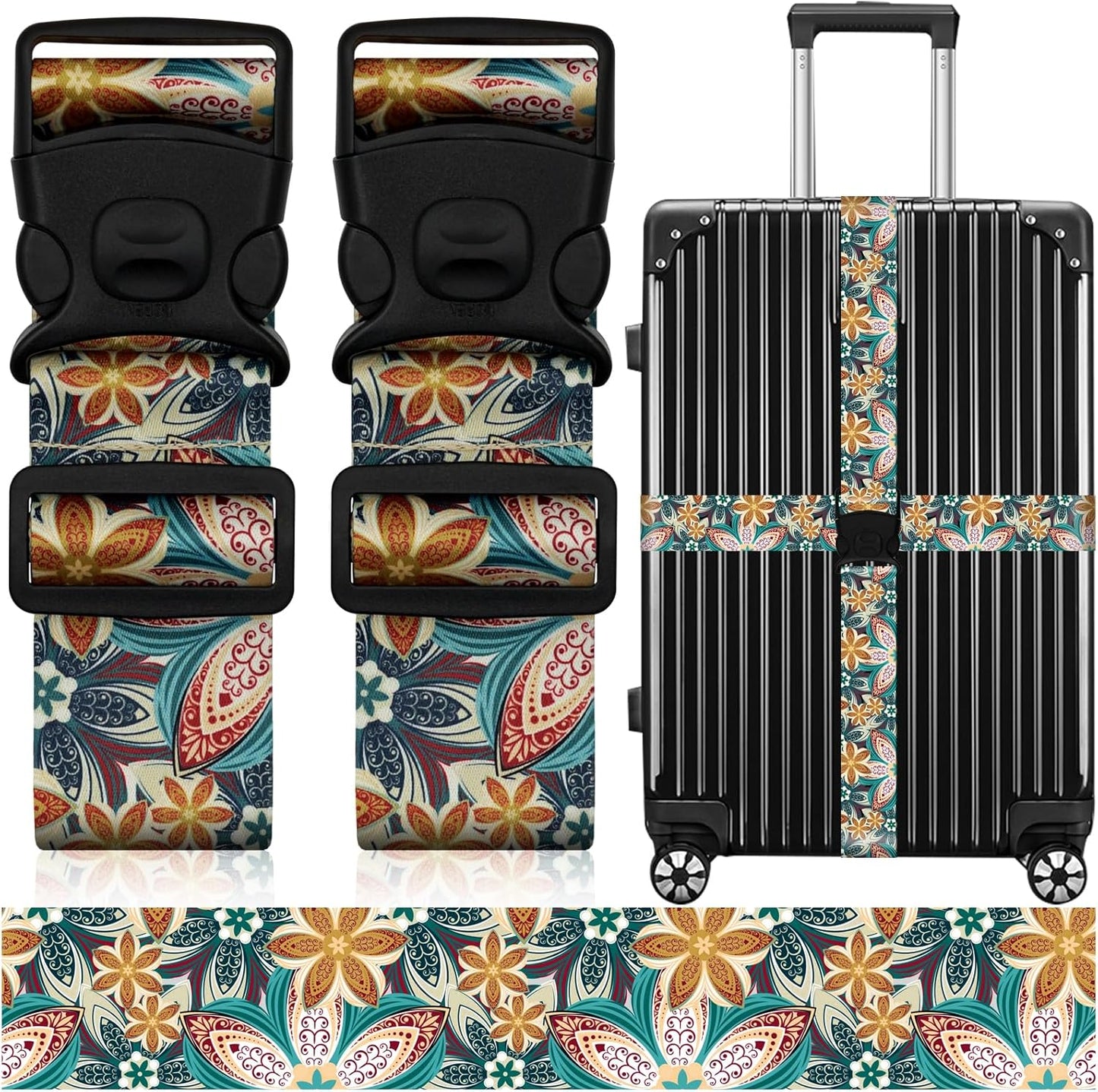 2 Pack Luggage Straps for Suitcases, Adjustable Travel Belt with Double Lock and Quick Release Buckle, Heavy Duty Nylon Bag Packing Strap, Unique Identifiers Business Travel Accessories-Green Flowers