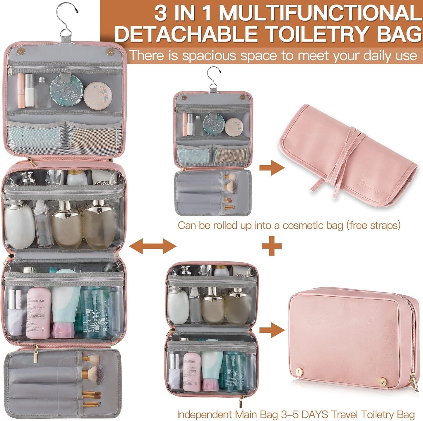 Elviros Hanging Travel Toiletry Bag for Women, 3-in-1 Large Makeup Bag and Cosmetic Organizer, Vegan Leather Waterproof Skincare Case for Travel Size Toiletries and Accessories