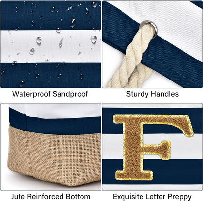 Becokan Beach Bag Initial Beach Tote with Makeup Bag for Travel Work Storage Personalized Birthday Gifts for Women Her