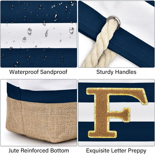 Becokan Beach Bag Initial Beach Tote with Makeup Bag for Travel Work Storage Personalized Birthday Gifts for Women Her