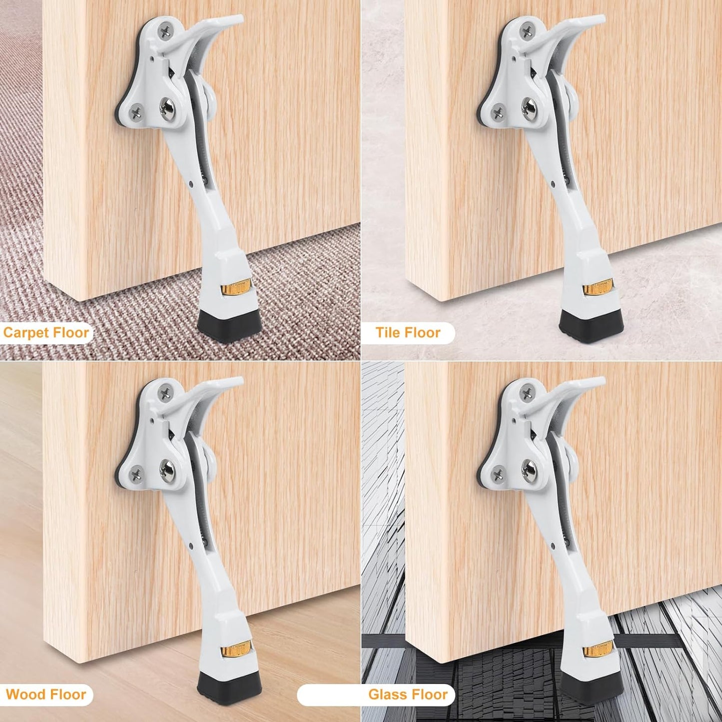 2 Packs Heavy Duty Kickdown Door Stopper, One Touch Adjustable Kickdown Door Stop for Heavy Doors, 4 in Metal Door Kickstand with Rubber Tip & Wall Protectors for Wide Doors- White