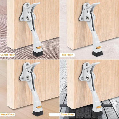 2 Packs Heavy Duty Kickdown Door Stopper, One Touch Adjustable Kickdown Door Stop for Heavy Doors, 4 in Metal Door Kickstand with Rubber Tip & Wall Protectors for Wide Doors- White
