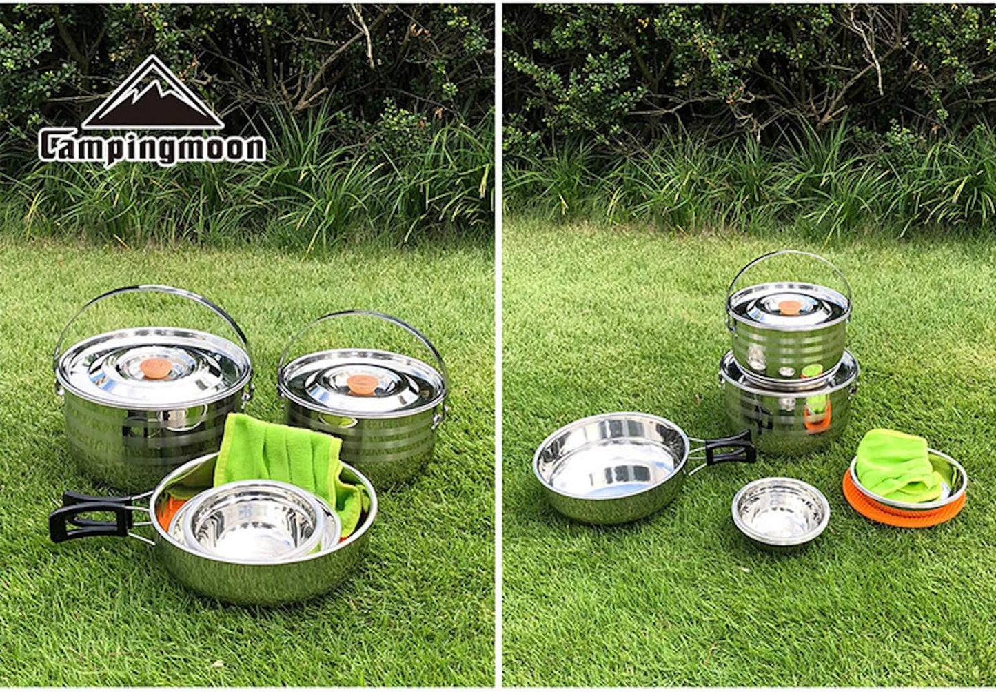 CAMPINGMOON Camping Cookware Set Stainless Steel Outdoor Nesting Cooking Mess Kit Pots Pans Bowls with Storage Carrying Tote Bag