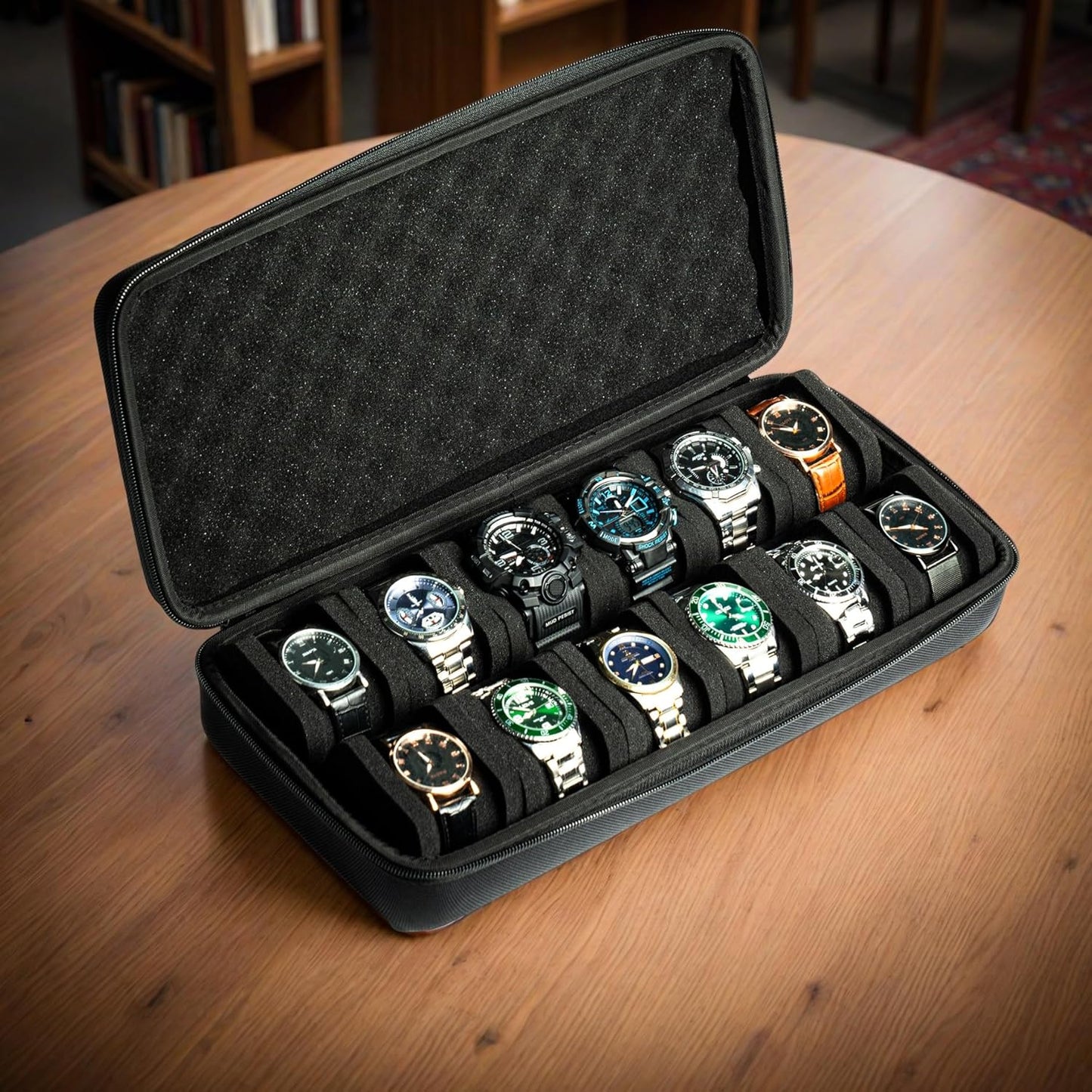 12 slots Watch Case, hard watch travel case, storage box, padded case for watch display and organization