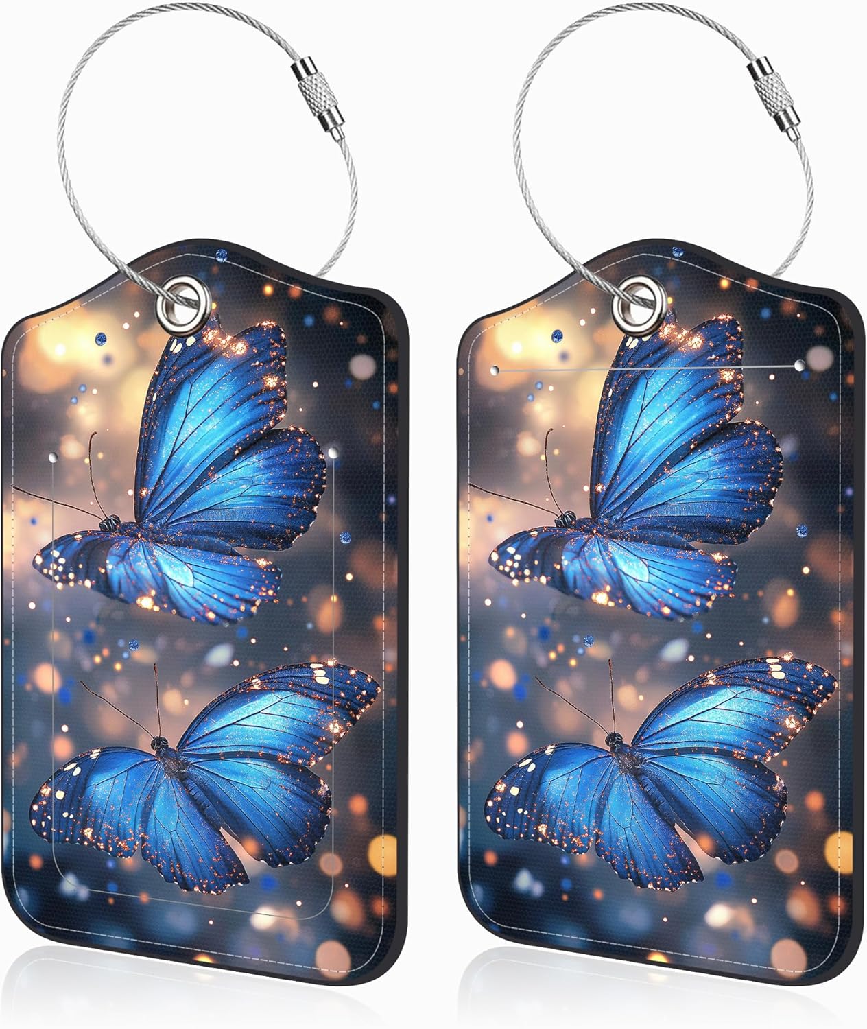 2 Pcs Blue Butterfly Luggage Tags for Suitcases PU Leather Baggage Tags Name ID Label with Privacy Cover and Stainless Steel Loop for Men Women Travel Bag Suitcase