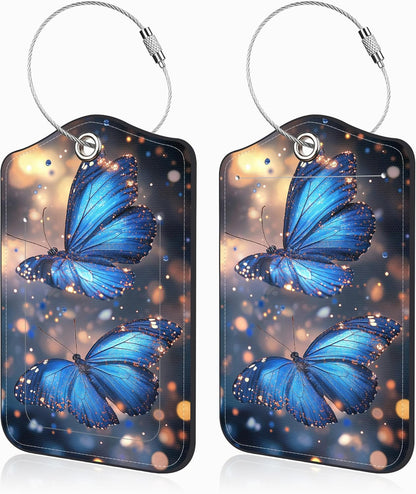 2 Pcs Blue Butterfly Luggage Tags for Suitcases PU Leather Baggage Tags Name ID Label with Privacy Cover and Stainless Steel Loop for Men Women Travel Bag Suitcase