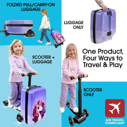 KIDDIETOTES Detachable 4-in-1 Scooter Luggage for Kids – Ride-On Suitcase with Removable Luggage Body, Adjustable Handlebar, Durable Deck & Brake, Carry-On Size – Travel & Play