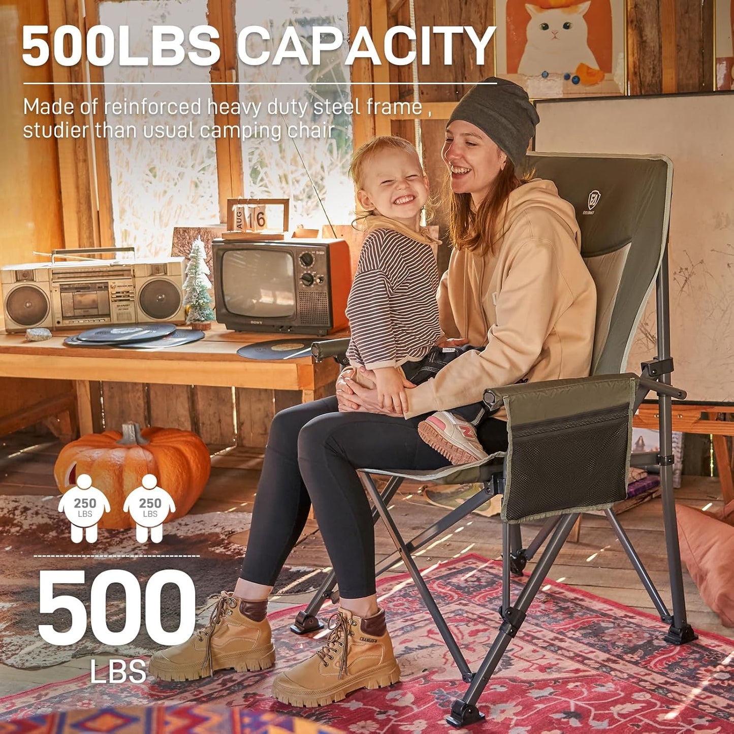 EVER ADVANCED Oversized Folding Camping Chair, for Adults Heavy Duty Lawn Chair with Side Pockets, Portable Collapsible Quad Chair for Outside, Support Up to 500lbs, Green