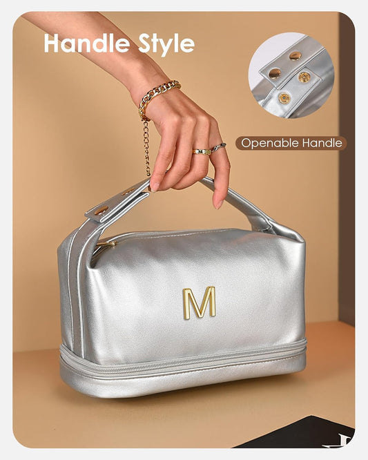 Maid of Honor Gifts, Travel Makeup Bag with Handle, Initial Double Layer Cosmetic Bag with Makeup Brush Organizer, Cute Cosmetic Pouch for Women, Bride Gifts