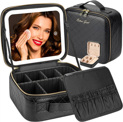 Makeup Travel Train Case with Mirror LED Light 3 Adjustable Brightness Cosmetic Bag Portable Storage Adjustable Partition Waterproof Makeup Brushes Makeup Jewelry Gift for Women