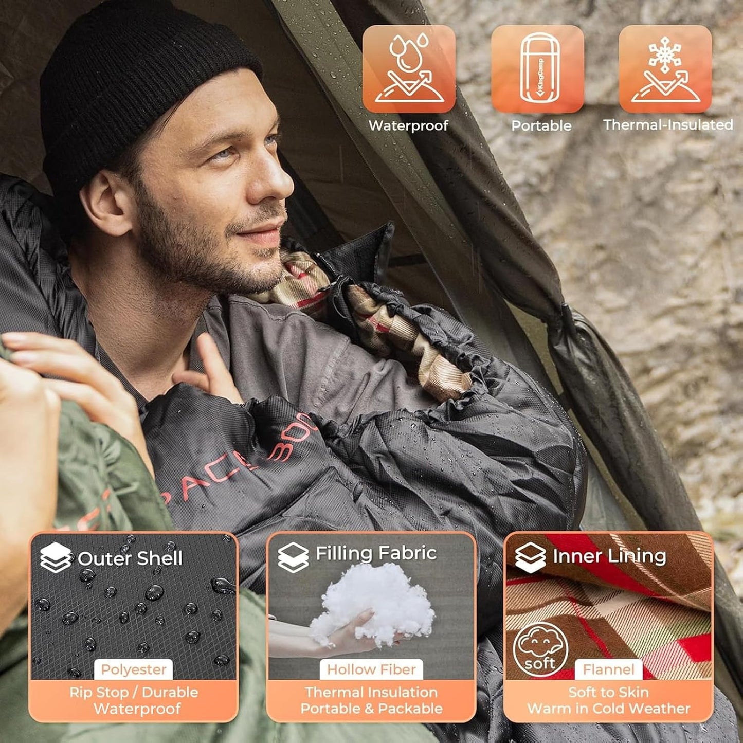 KingCamp Sleeping Bag for Adults, Cold Weather & Warm Extra Wide Big & Tall XL Portable Waterproof Flannel Sleeping Bags, Essentials Gear Accessories for Camping Backpacking Hiking Indoor & Outdoor