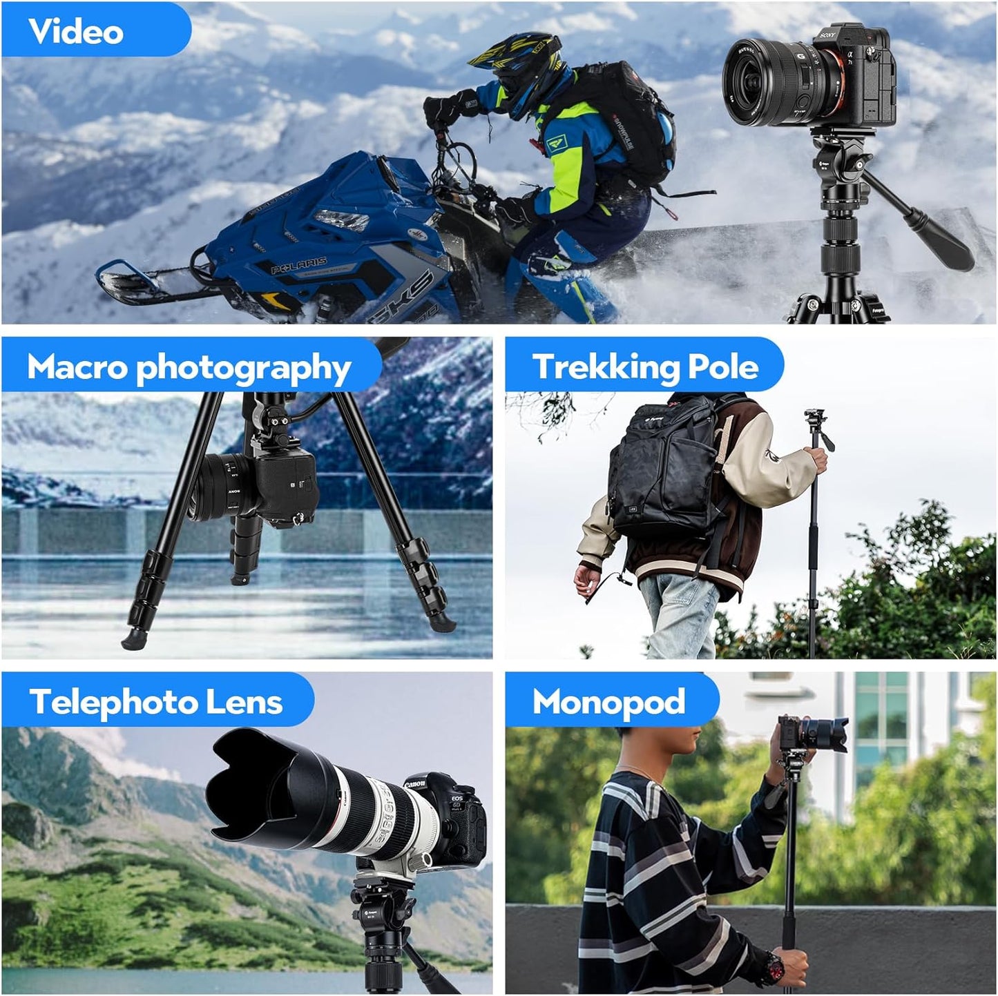 Fotopro 78" Camera Tripod, Aluminum Compact Travel Tripod and Monopod with 360° Fluid Head Quick Release Plate, Professional Video Tripod for DSLR, Load up 6.6lbs