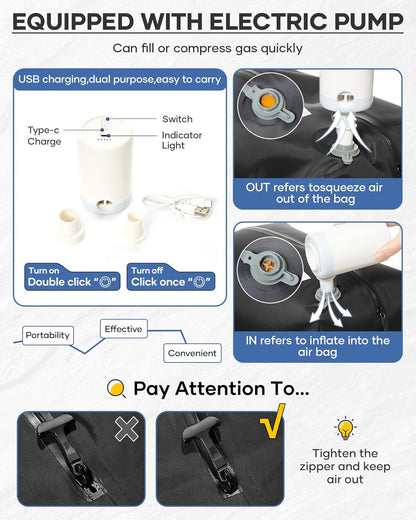 Black Vacuum Backpack With Vacuum Compression,Expanded Travel Laptop Backpacks For Women Men,Carry On Backpack Airback Backpacks With Pump Seal Packing, Personal Item Travel Bag