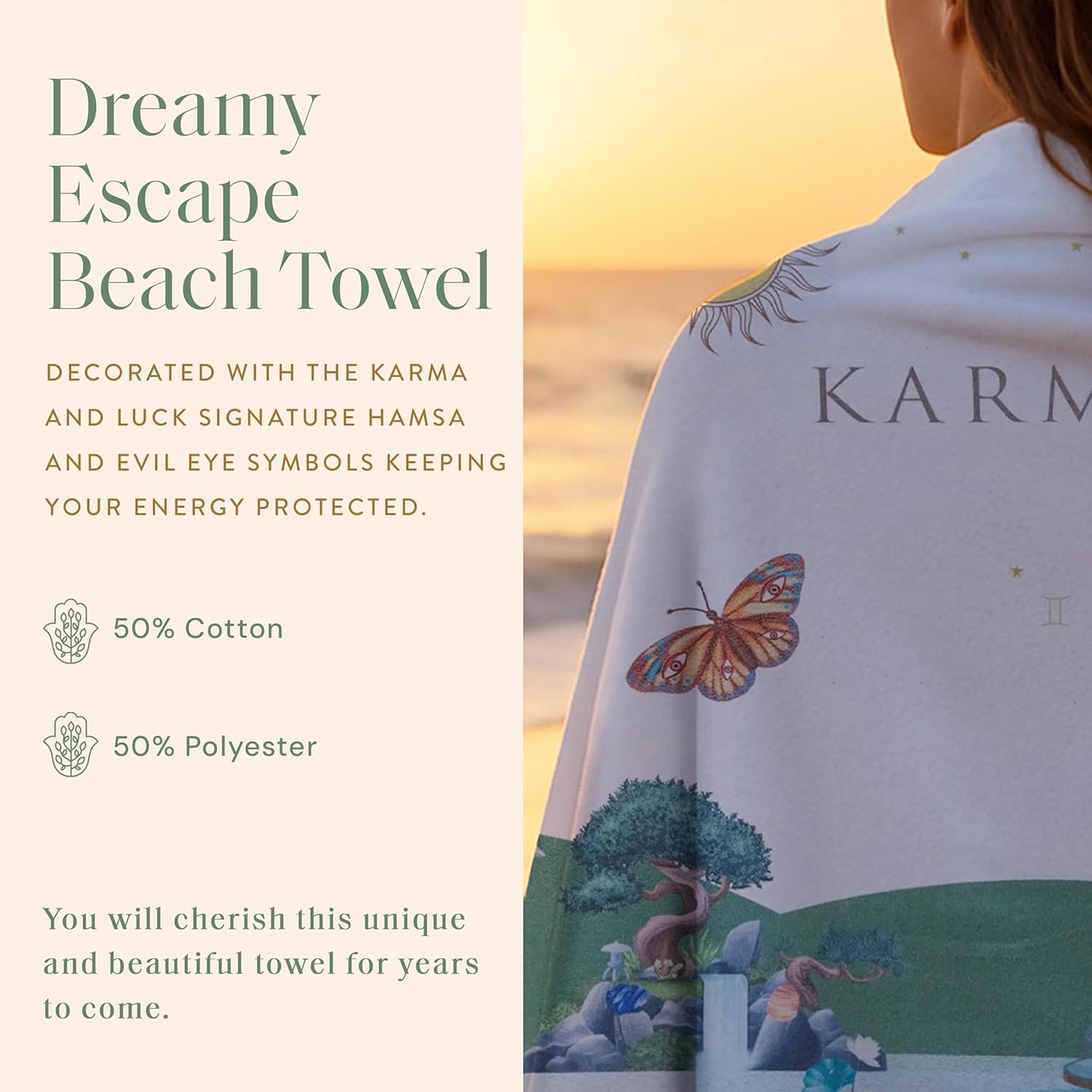 KARMA AND LUCK Dreamy Escape Beach Towel for Women & Men, Evil Eye, Hamsa Hand, Lotus, Butterfly, and Elephant Premium Designs, Cotton Beach Towels for Swimming, 61” x 28”