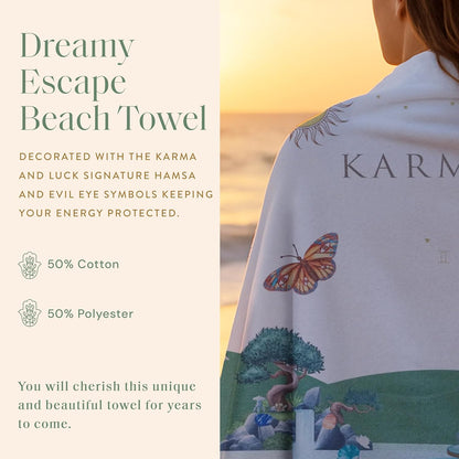 KARMA AND LUCK Dreamy Escape Beach Towel for Women & Men, Evil Eye, Hamsa Hand, Lotus, Butterfly, and Elephant Premium Designs, Cotton Beach Towels for Swimming, 61” x 28”