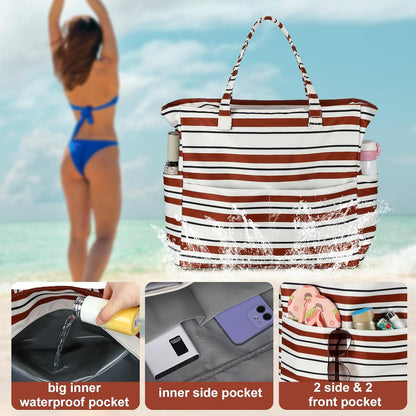 LEDAOU Large Beach Tote Bag Women Waterproof Sandproof Zipper Beach Tote Bag for Pool Gym Grocery Travel with Wet Pocket