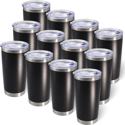 20oz Tumbler Bulk Stainless Steel Tumblers with Lid Vacuum Insulated Double Wall Travel Coffee Mug Powder Coated Tumbler Cup for Hot and Cold Drinks(Black, 12 pack)