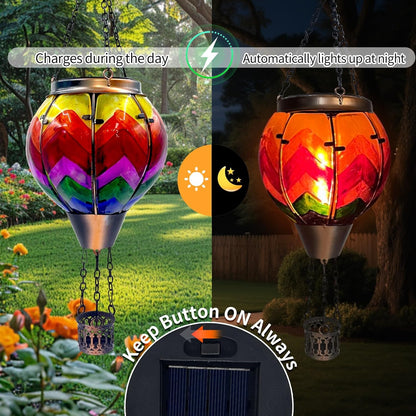 Hot Air Balloon Solar Lantern with Flickering Flame Light Glass Hanging Solar Lanterns Outdoor Waterproof for Garden Tree Yard Patio Party Decor, Color-Wave