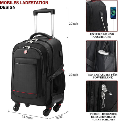 StarCloud 4-Wheel Rolling Backpack 45L (22x14x9 in): 17.3-Inch Roller Travel Laptop Backpack for Business, Water-Resistant Carry-On Luggage, Airline Approved Suitcase for Travel and Commuting