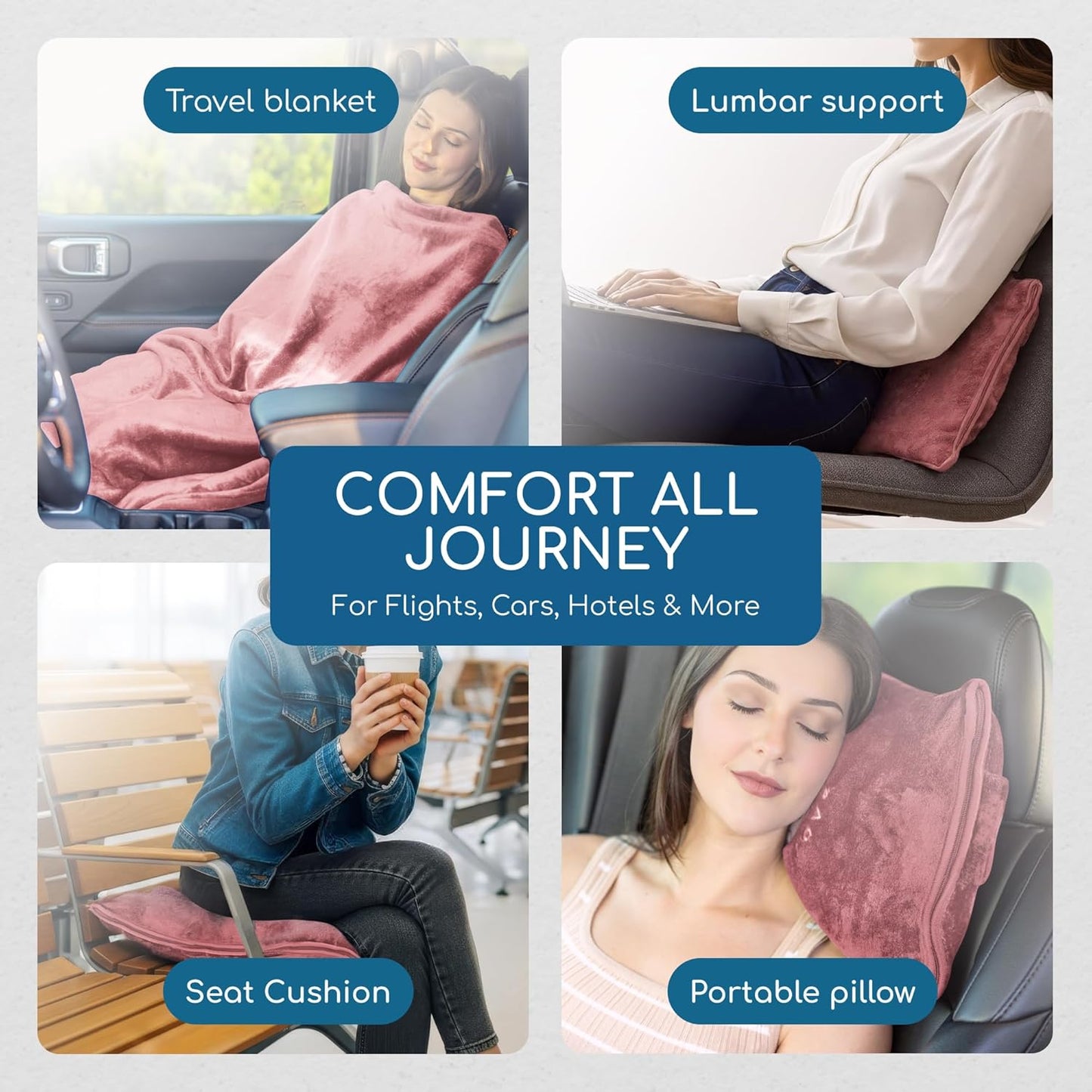 Resty 65"x40" Traveling Airplane Blanket, Pink – Lightweight, Velvety Soft Blanket That Becomes a Travel Pillow – Must-Have Comfort for Planes & Road Trips – Travel Essentials for Women & Men