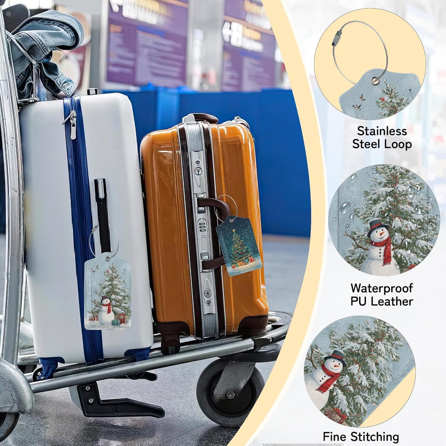Merry Christmas 3 Pack PU Leahter Luggage Tag with Stainless Steel Loop,Christmas Tree Travel Suitcase Labels with Privacy Cover ID Label Quickly Spot for Bags