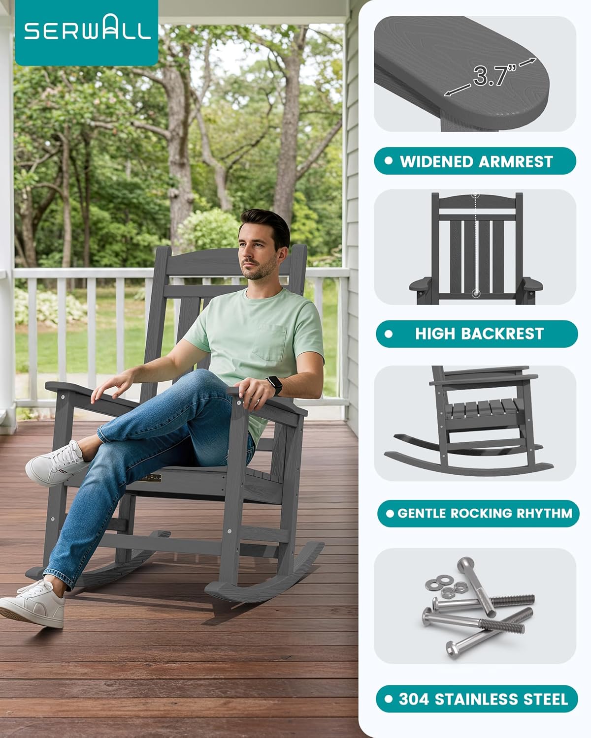 SERWALL Outdoor Rocking Chair, HDPE Patio Rocking Chair All-Weather Porch Rocker for Balcony, Yard, Gray